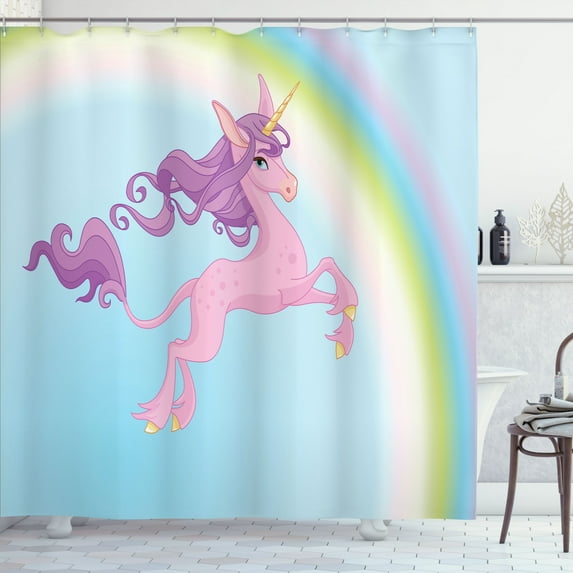 Ambesonne Cartoon Shower Curtain, Unicorn and Pastel Rainbow, 69"Wx70"L, Pale Blue Multicolor