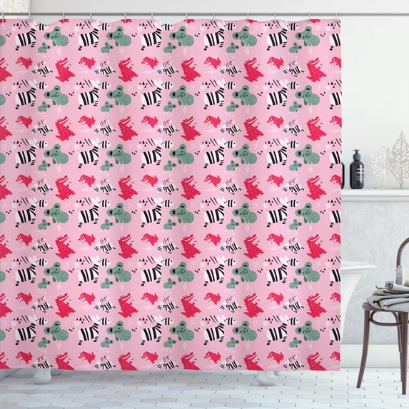 Ambesonne Cartoon Shower Curtain, Zebra Koala Gator, 69"Wx70"L, Pale Pink and Multicolor