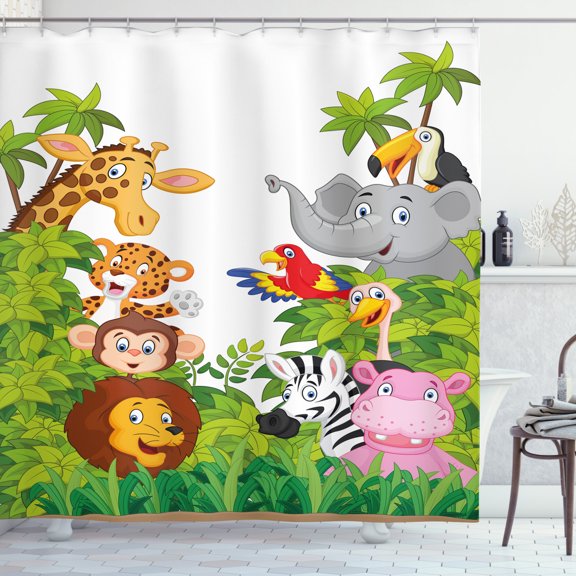 Ambesonne Cartoon Shower Curtain, Zoo Mascots, 69"Wx70"L, Multicolor