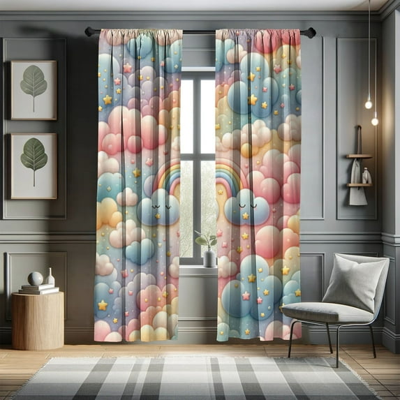 Ambesonne Cartoon Sky Curtains, Dream Star Kawaii Cloud, Pair of 28"x95", Blush Mustard Blue