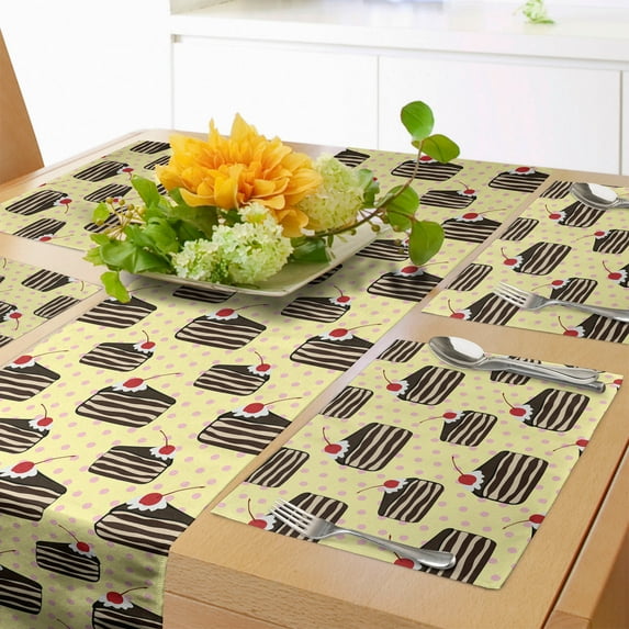 Ambesonne Cartoon Table Runner & Placemats, Cake Slices on Pale Yellow, Placemat 4 pcs + Runner 12"x90", Yellow Multicolor