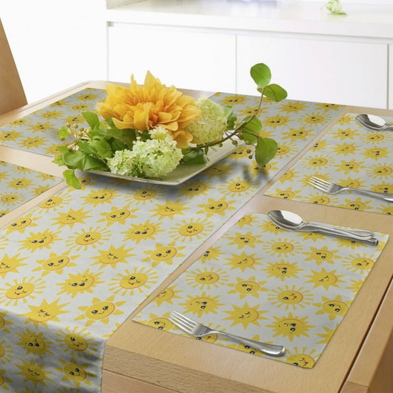 Ambesonne Cartoon Table Runner & Placemats, Funny Sun Faces Pattern, Placemat 4 pcs + Runner 12"x72", Mustard and Coconut