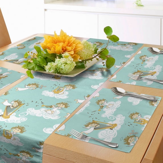Ambesonne Cartoon Table Runner & Placemats, Harp in Sky Print Clouds, Placemat 4 pcs + Runner 16"x90", Earth Yellow Seafoam