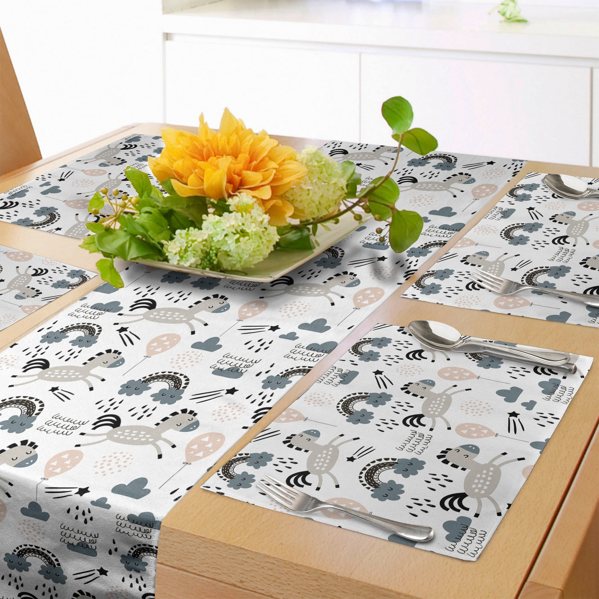 Ambesonne Cartoon Table Runner & Placemats, Horses Balloons Rainbow ...