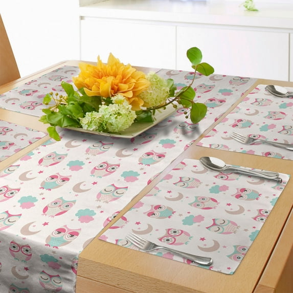 Ambesonne Cartoon Table Runner & Placemats, Night Time Owls Moon Fun, Placemat 4 pcs + Runner 14"x90", Seafoam Pink and Tan