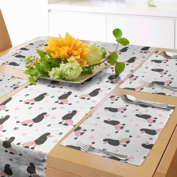 Ambesonne Cartoon Table Runner & Placemats, Poodle Dog Paws Hearts, Placemat 4 pcs + Runner 16"x90", Dark Blue Grey and Pale Pink