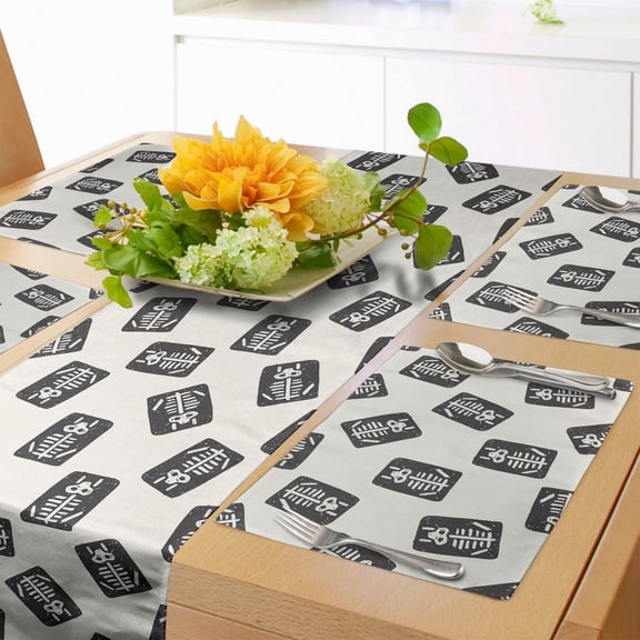 Ambesonne Cartoon Table Runner & Placemats, Xray Skeleton in Grunge, Placemat 4 pcs + Runner 14"x72", Ivory and Charcoal Grey