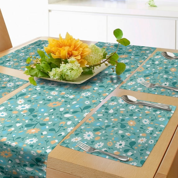 Ambesonne Cartoon Table Runner & Placemats, of Flowers, Placemat 4 pcs + Runner 12"x90", Aqua Teal