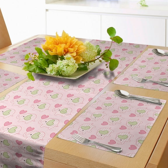 Ambesonne Cartoon Table Runner & Placemats, s Hearts Love, Placemat 4 pcs + Runner 12"x72", Pink Olive Green
