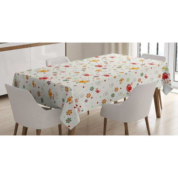 Ambesonne Cartoon Tablecloth Rectangular Table Cover, Birds Swirls Flowers, 52"x70", Multicolor