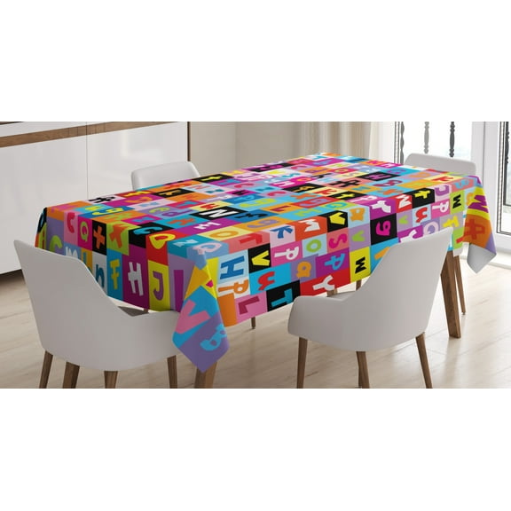 Ambesonne Cartoon Tablecloth Rectangular Table Cover, Colored Alphabet Game, 60"x84", Multicolor
