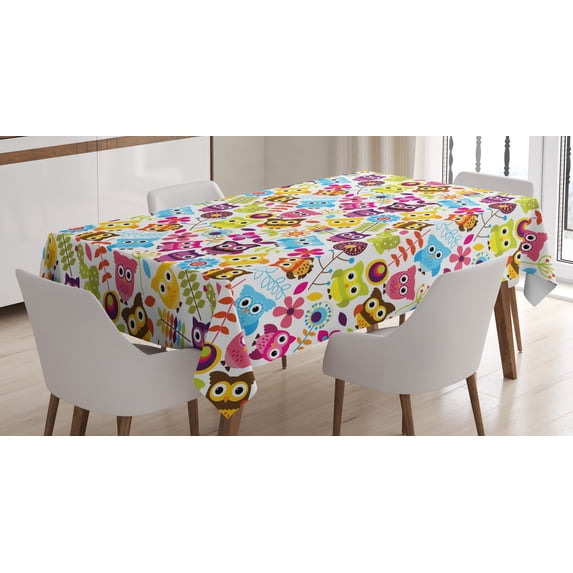 Ambesonne Cartoon Tablecloth Rectangular Table Cover, Colorful Owls and Flowers, 60"x84", White and Multicolor