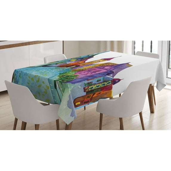 Ambesonne Cartoon Tablecloth Rectangular Table Cover, European House Scenery, 60"x84", Multicolor