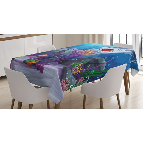 Ambesonne Cartoon Tablecloth Rectangular Table Cover, Evil Shark Little Fish, 52"x70", Multicolor
