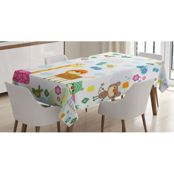 Ambesonne Cartoon Tablecloth Rectangular Table Cover, Floral Funny Animals, 60"x84", Multicolor