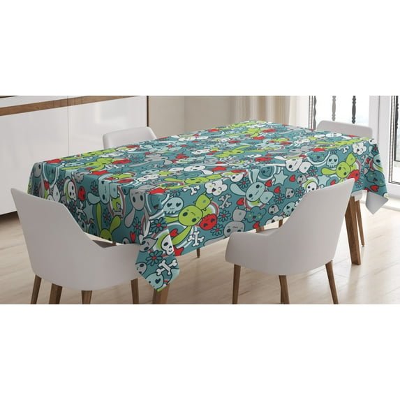 Ambesonne Cartoon Tablecloth Rectangular Table Cover, Kawai Bunnies Happy, 60"x84", Multicolor