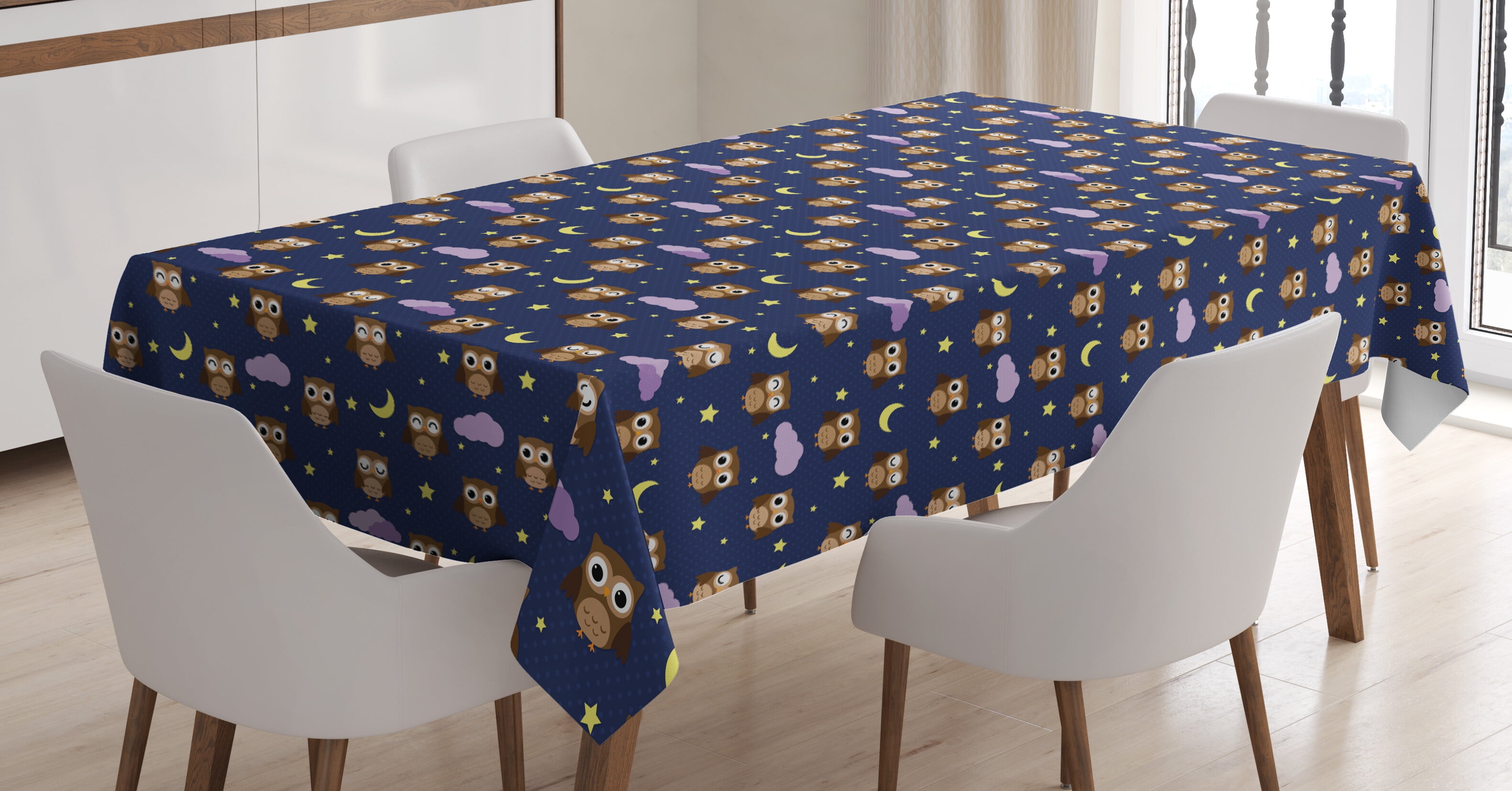 Ambesonne Cartoon Tablecloth Rectangular Table Cover, Owls Starry Night ...