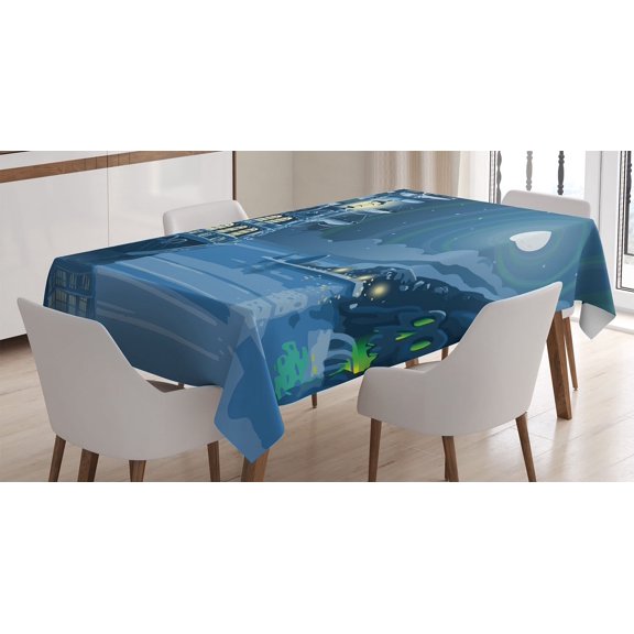 Ambesonne Cartoon Tablecloth Rectangular Table Cover, Pirate Ship Moon, 52"x70", Blue