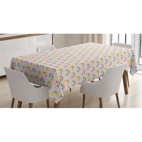 Ambesonne Cartoon Tablecloth Rectangular Table Cover, Rainbows Raindrops, 52"x70", Rose and Multicolor