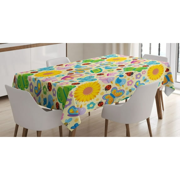 Ambesonne Cartoon Tablecloth Rectangular Table Cover, Spring Flowers Bugs, 60"x90", Multicolor