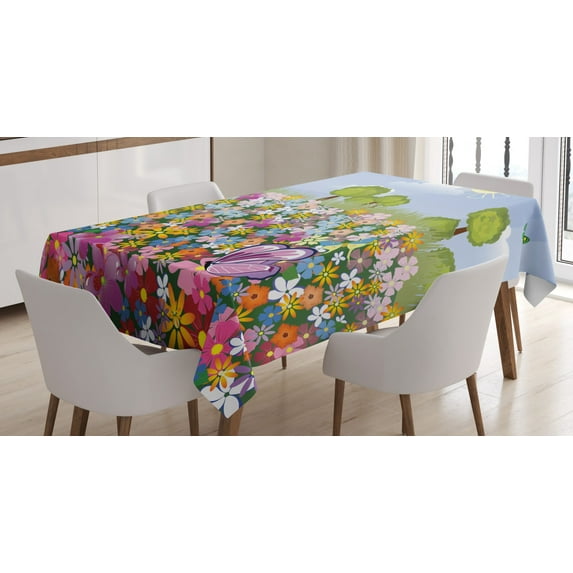 Ambesonne Cartoon Tablecloth Rectangular Table Cover, Spring Meadow Blossoms, 52"x70", Multicolor
