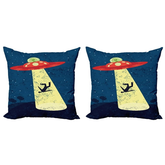 Ambesonne Cartoon Throw Pillow Cover 2 Pack, Alien Abduction Space, 18", Blue and Yellow