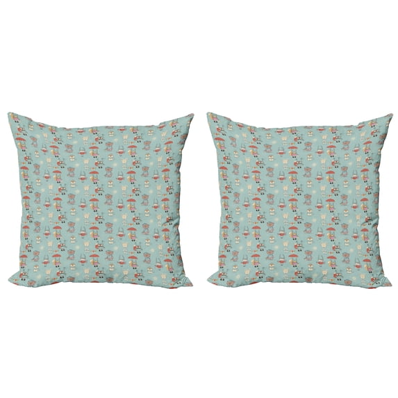 Ambesonne Cartoon Throw Pillow Cover 2 Pack, Animals in Winter Doodle, 24", Multicolor