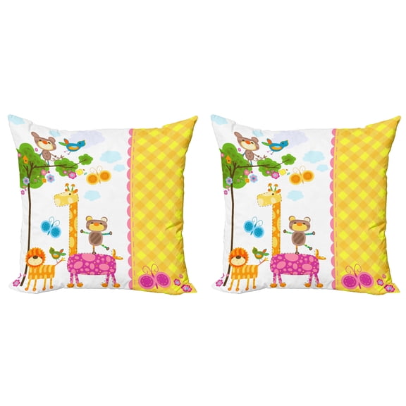 Ambesonne Cartoon Throw Pillow Cover 2 Pack, Butterflies Tree Blooms, 16",