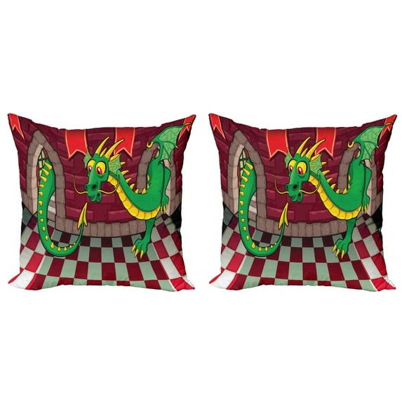Ambesonne Cartoon Throw Pillow Cover 2 Pack, Castle with Dragon, 20", Ruby Green