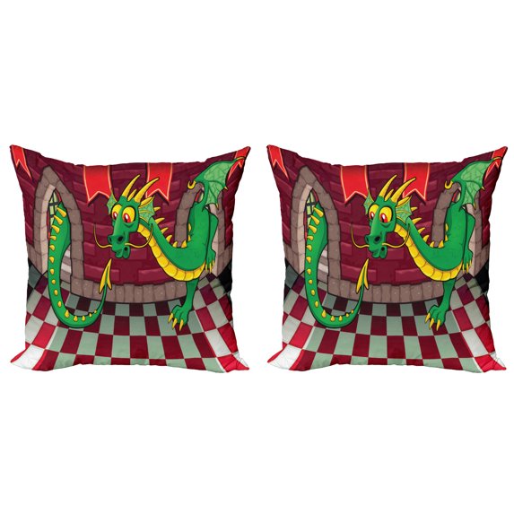 Ambesonne Cartoon Throw Pillow Cover 2 Pack, Castle with Dragon, 24", Ruby Green