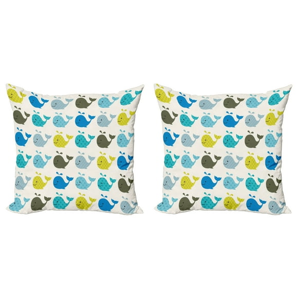 Ambesonne Cartoon Throw Pillow Cover 2 Pack, Colorful Whales Animals, 16", Charcoal Grey Pale Blue