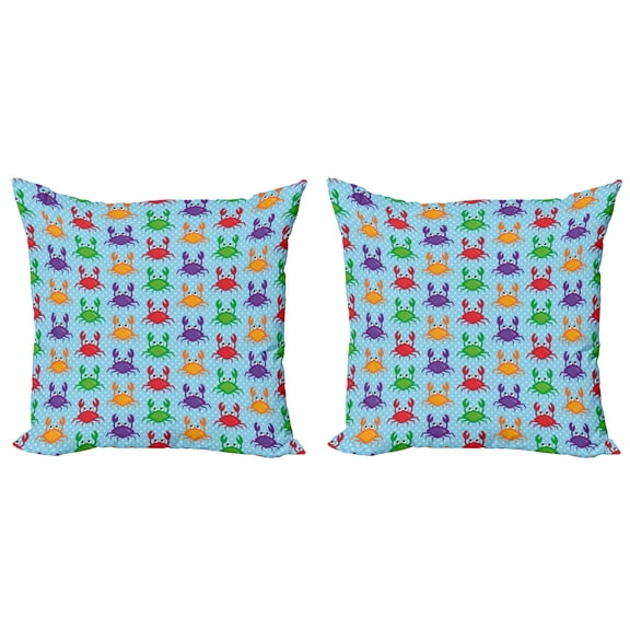 Ambesonne Cartoon Throw Pillow Cover 2 Pack, Crabs on Blue Backdrop, 18", Multicolor