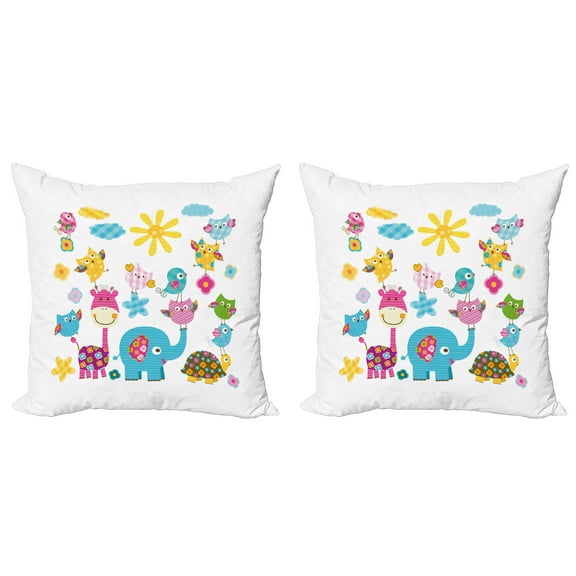 Ambesonne Cartoon Throw Pillow Cover 2 Pack, Dancing Characters, 16", Sky Blue Pink Marigold