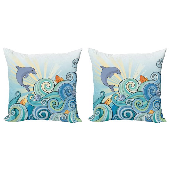 Ambesonne Cartoon Throw Pillow Cover 2 Pack, Dolphin Ocean, 16", Multicolor