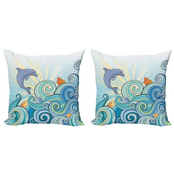 Ambesonne Cartoon Throw Pillow Cover 2 Pack, Dolphin Ocean, 20", Multicolor
