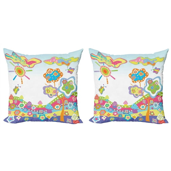 Ambesonne Cartoon Throw Pillow Cover 2 Pack, Drawing Hill, 24", Multicolor