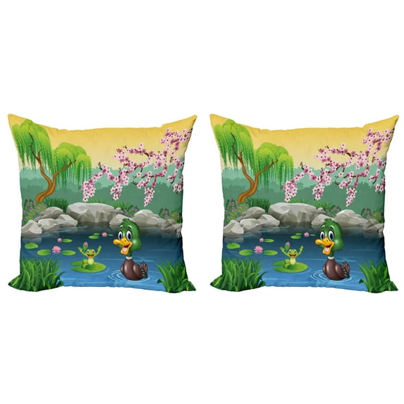 Ambesonne Cartoon Throw Pillow Cover 2 Pack, Duck and Frog in a Lake, 20", Multicolor