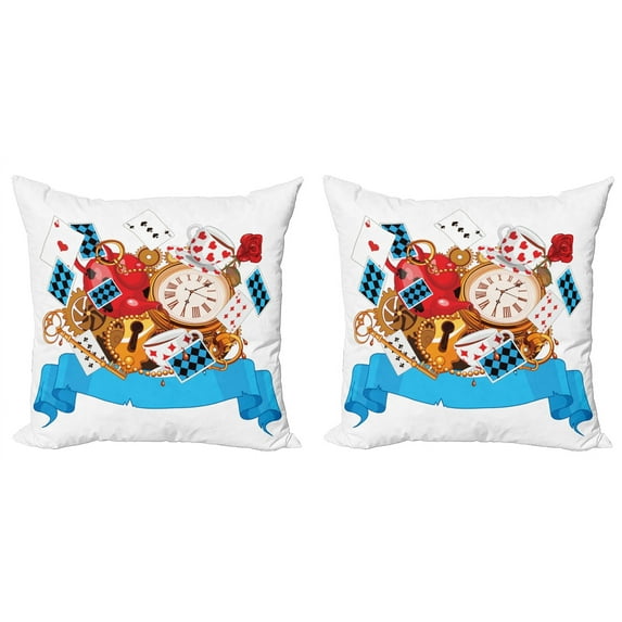 Ambesonne Cartoon Throw Pillow Cover 2 Pack, Fantasy World Cards Clocks, 18", Multicolor