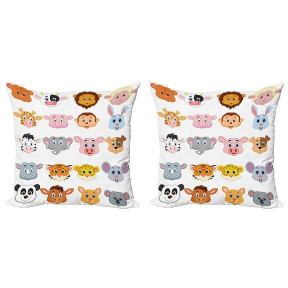 Ambesonne Cartoon Throw Pillow Cover 2 Pack, Farm and Savannah Animals, 18", Multicolor