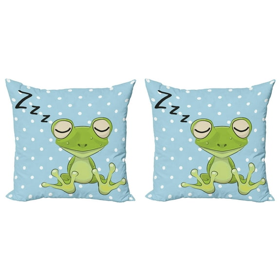Ambesonne Cartoon Throw Pillow Cover 2 Pack, Frog Prince Polka Dots, 18", Green Blue