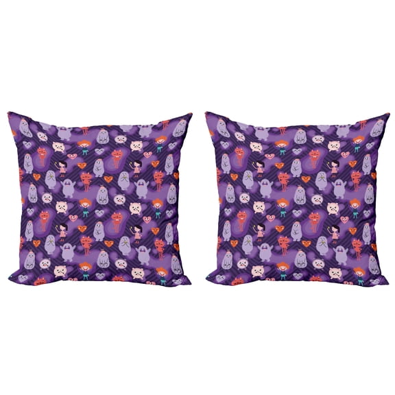 Ambesonne Cartoon Throw Pillow Cover 2 Pack, Funky Hearts and Creatures, 20", Dark Purple Multicolor
