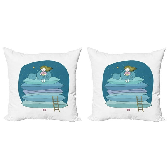 Ambesonne Cartoon Throw Pillow Cover 2 Pack, Girl on Pillows Bedtime, 20", Yellow Pink and Blue