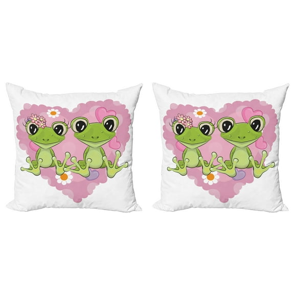 Ambesonne Cartoon Throw Pillow Cover 2 Pack, Heart in Love Flowers, 20", Dried Rose Lime Green