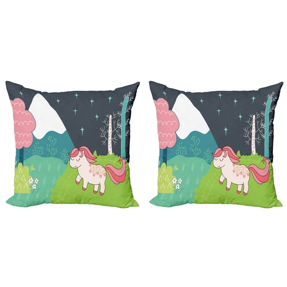 Ambesonne Cartoon Throw Pillow Cover 2 Pack, Horse Wood Doodle, 24", Multicolor