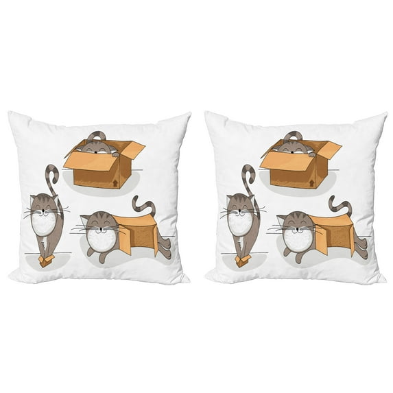 Ambesonne Cartoon Throw Pillow Cover 2 Pack, Kitten Cat in the Box, 24", Sand Brown Warm Taupe