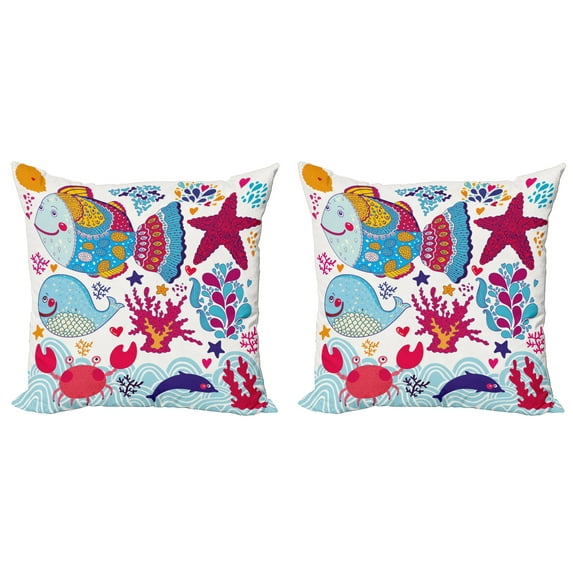 Ambesonne Cartoon Throw Pillow Cover 2 Pack, Marine Ocean Life, 20", Multicolor