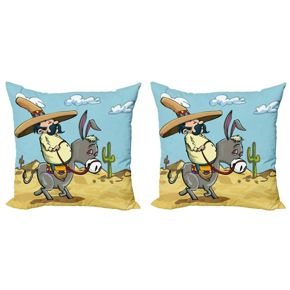 Ambesonne Cartoon Throw Pillow Cover 2 Pack, Mexican Man on a Donkey, 16", Multicolor