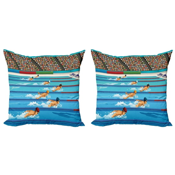 Ambesonne Cartoon Throw Pillow Cover 2 Pack, Olympics Swimming Race, 16", Blue Beige Red