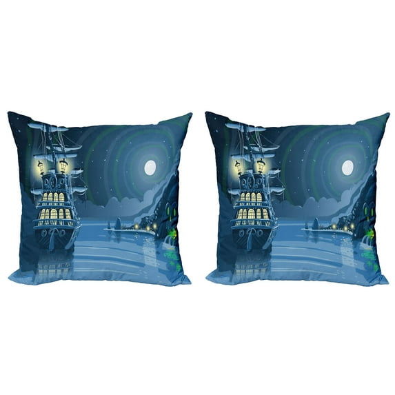 Ambesonne Cartoon Throw Pillow Cover 2 Pack, Pirate Ship Moon, 20", Blue