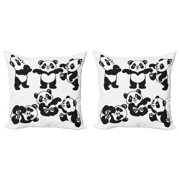 Ambesonne Cartoon Throw Pillow Cover 2 Pack, Playful Panda Bear Zoo, 24", White Charcoal Grey